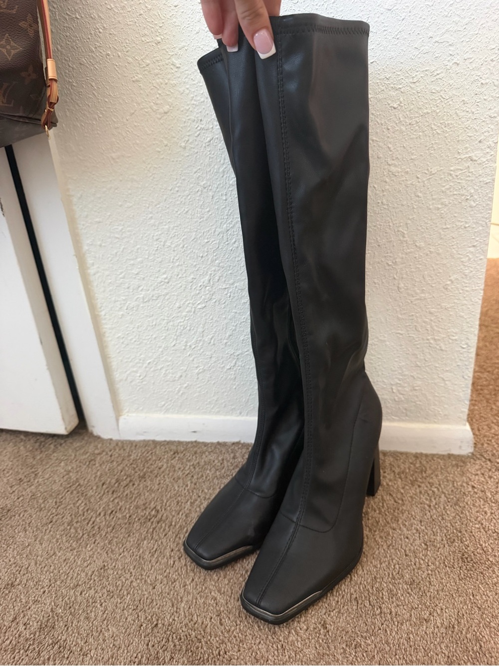 BAMBOO Black Over-the-Knee Square Toe Heel Boots